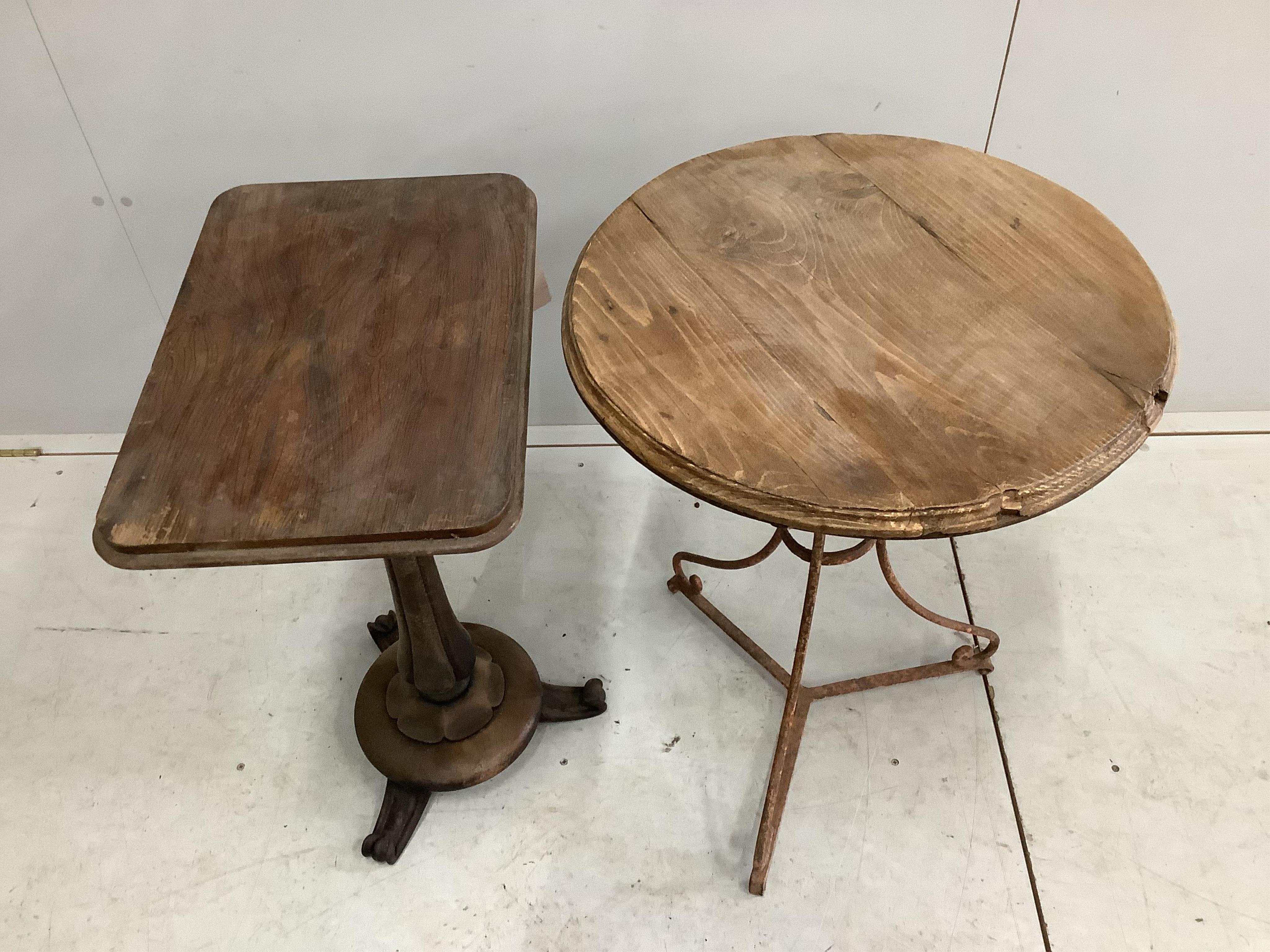 A French wrought iron café table with wooden top, diameter 55cm, height 72cm and a William IV rosewood occasional table, width 51cm, height 72cm. Condition - fair